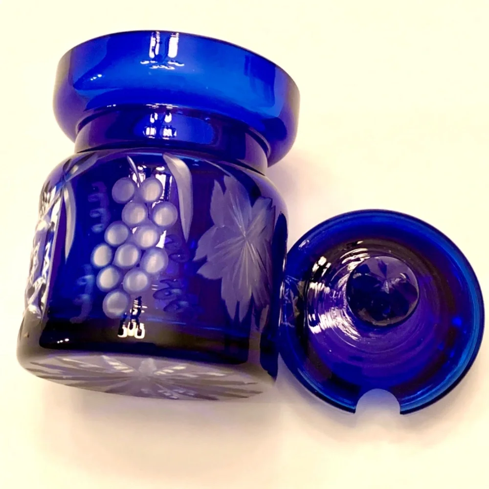 Vintage 1950s Cobalt Blue Crystal Cut Honey/Jam Jar with Lid